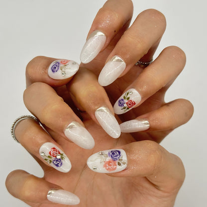 3D Rose Press On Nails – White & Gold Almond