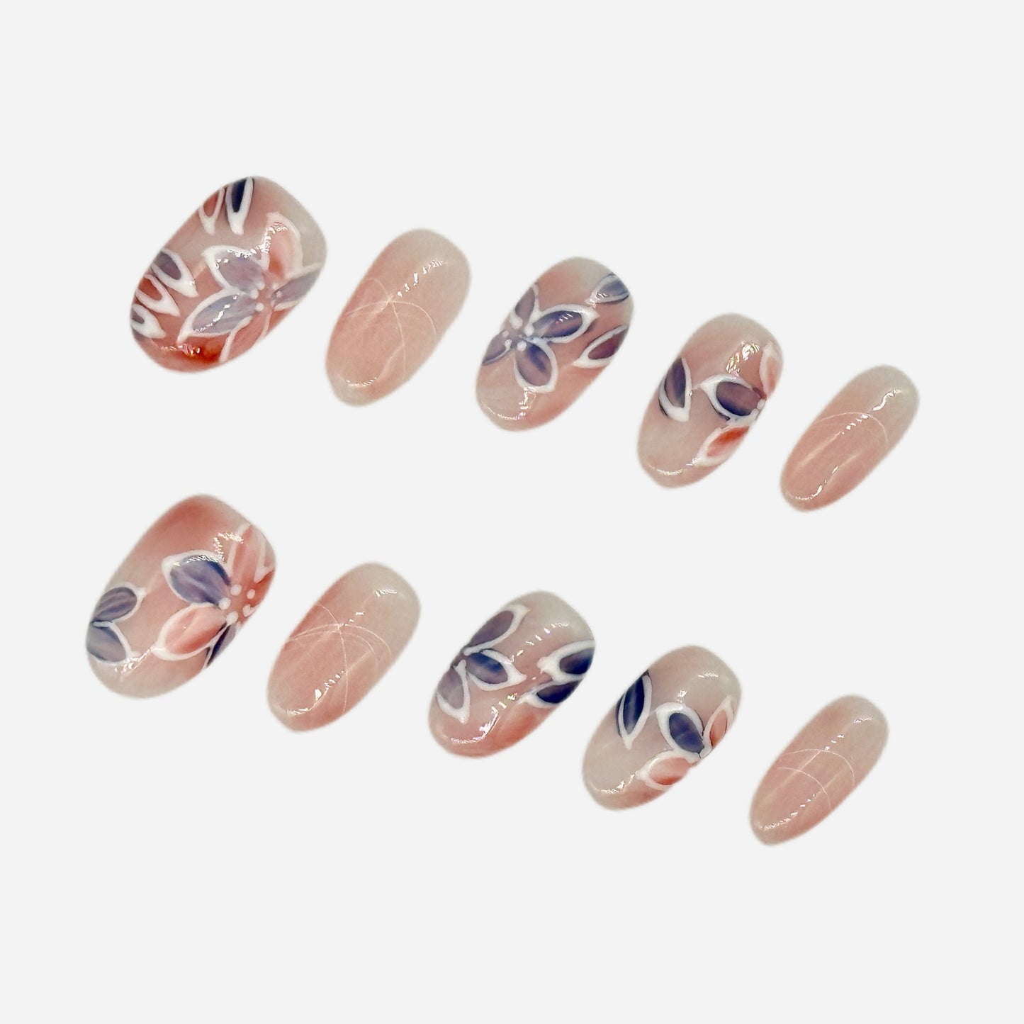 Hand-Painted Floral Press On Nails – Sheer Nude Stiletto