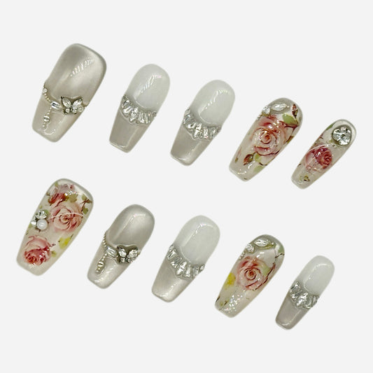 Vintage Rose Press On Nails – Pearl White Coffin