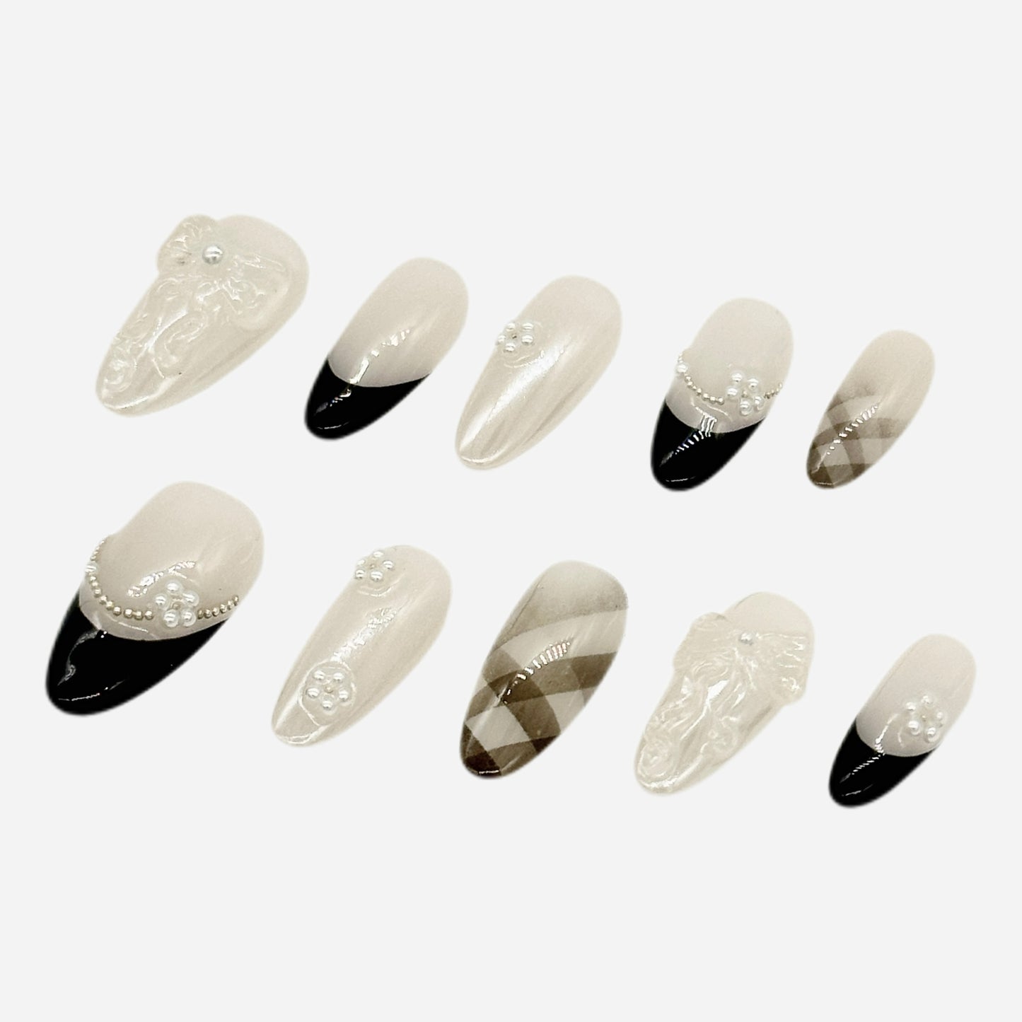 Pearl French Tip Press On Nails – Black & Nude Stiletto