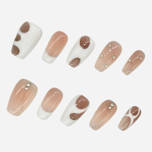 Modern French Press On Nails – White & Nude Coffin