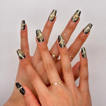 Black Chrome Press On Nails – Coffin Cat Eye with Rhinestones