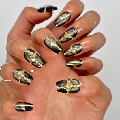 Black Chrome Press On Nails – Coffin Cat Eye with Rhinestones