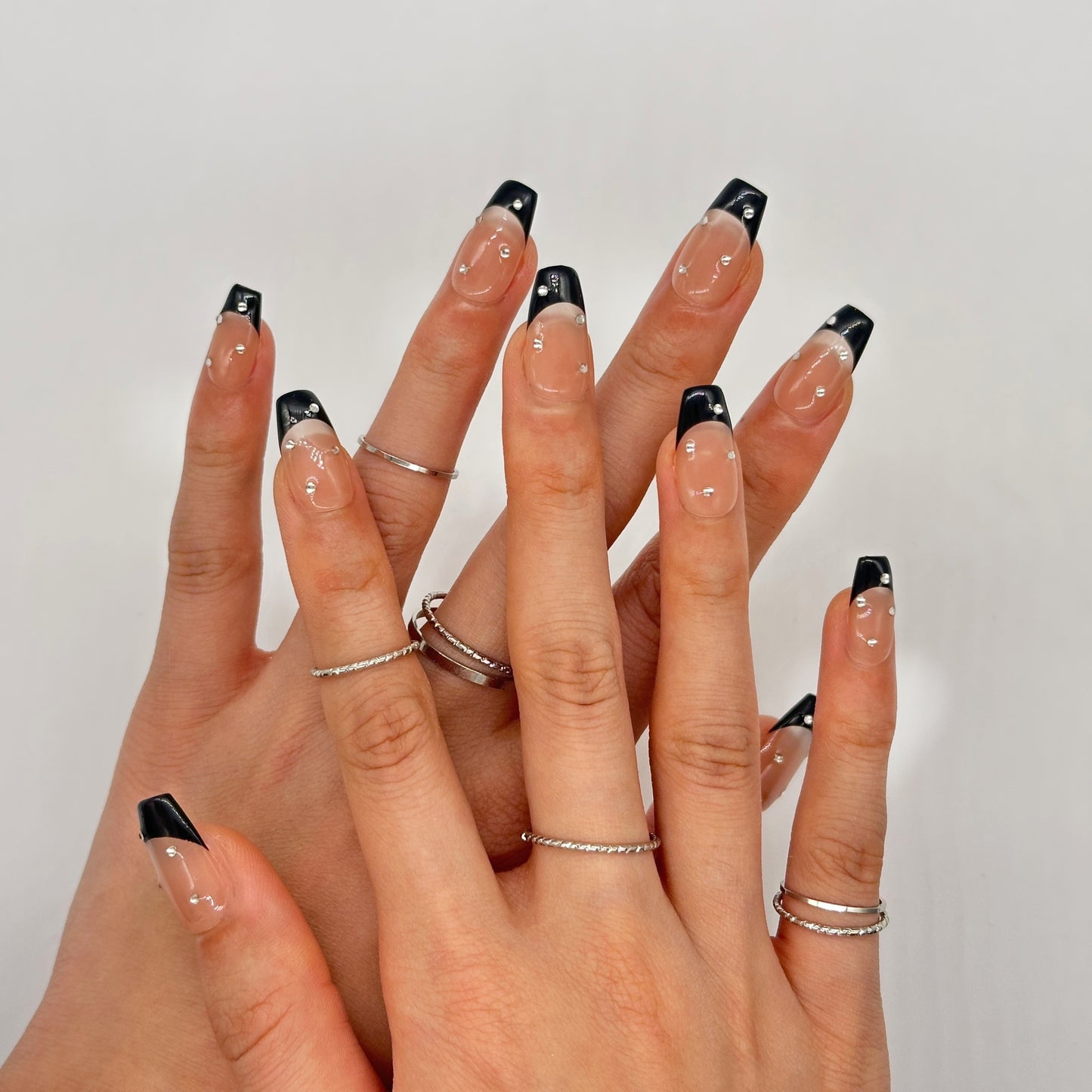 Black French Rhinestone Nails – Coffin