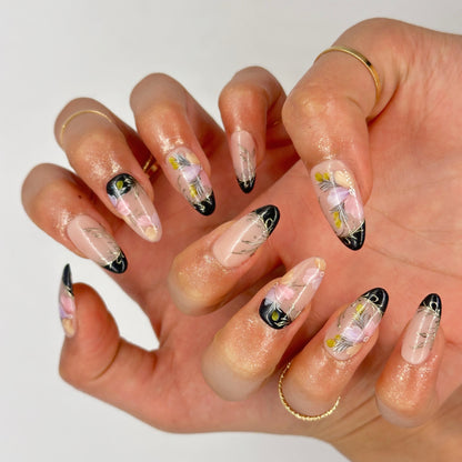 Black French Tip Press On Nails – Floral Stiletto