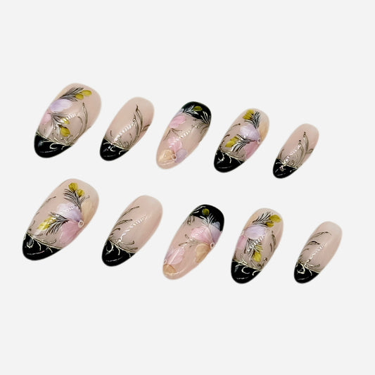 Black French Tip Press On Nails – Floral Stiletto