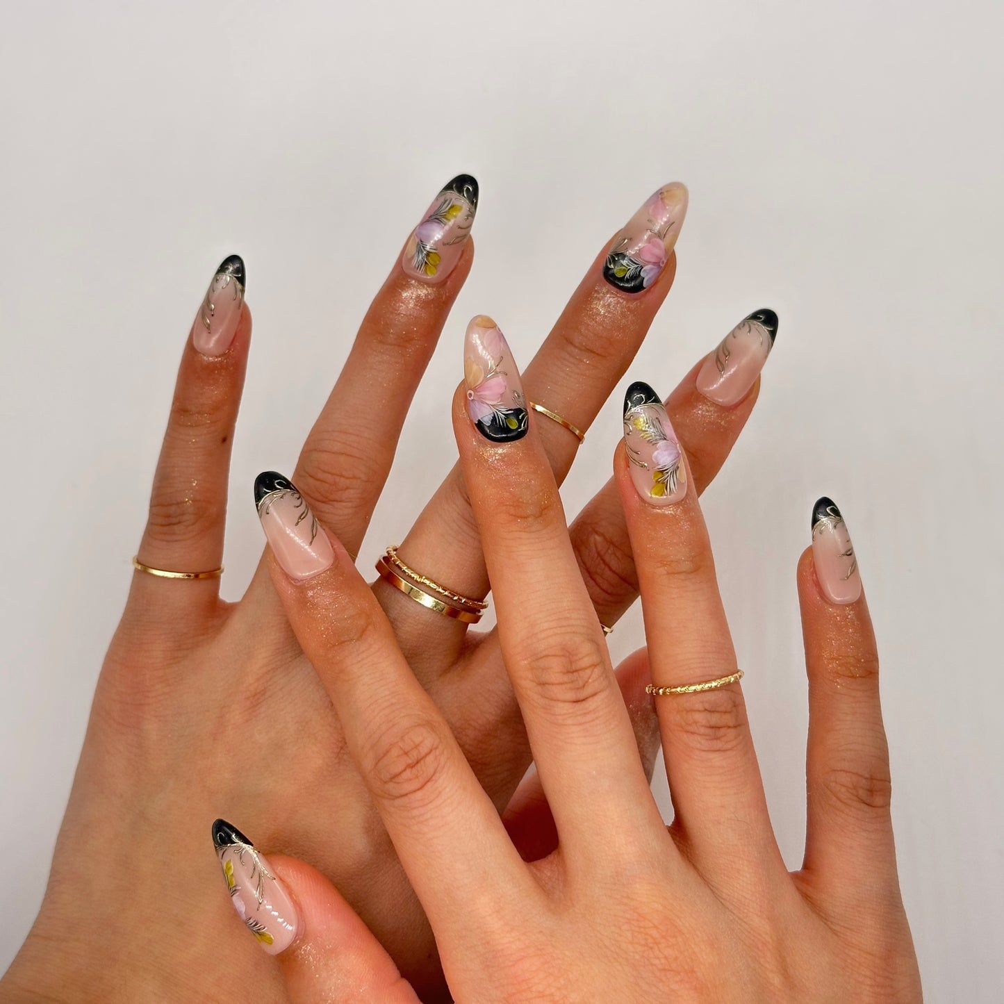 Black French Tip Press On Nails – Floral Stiletto