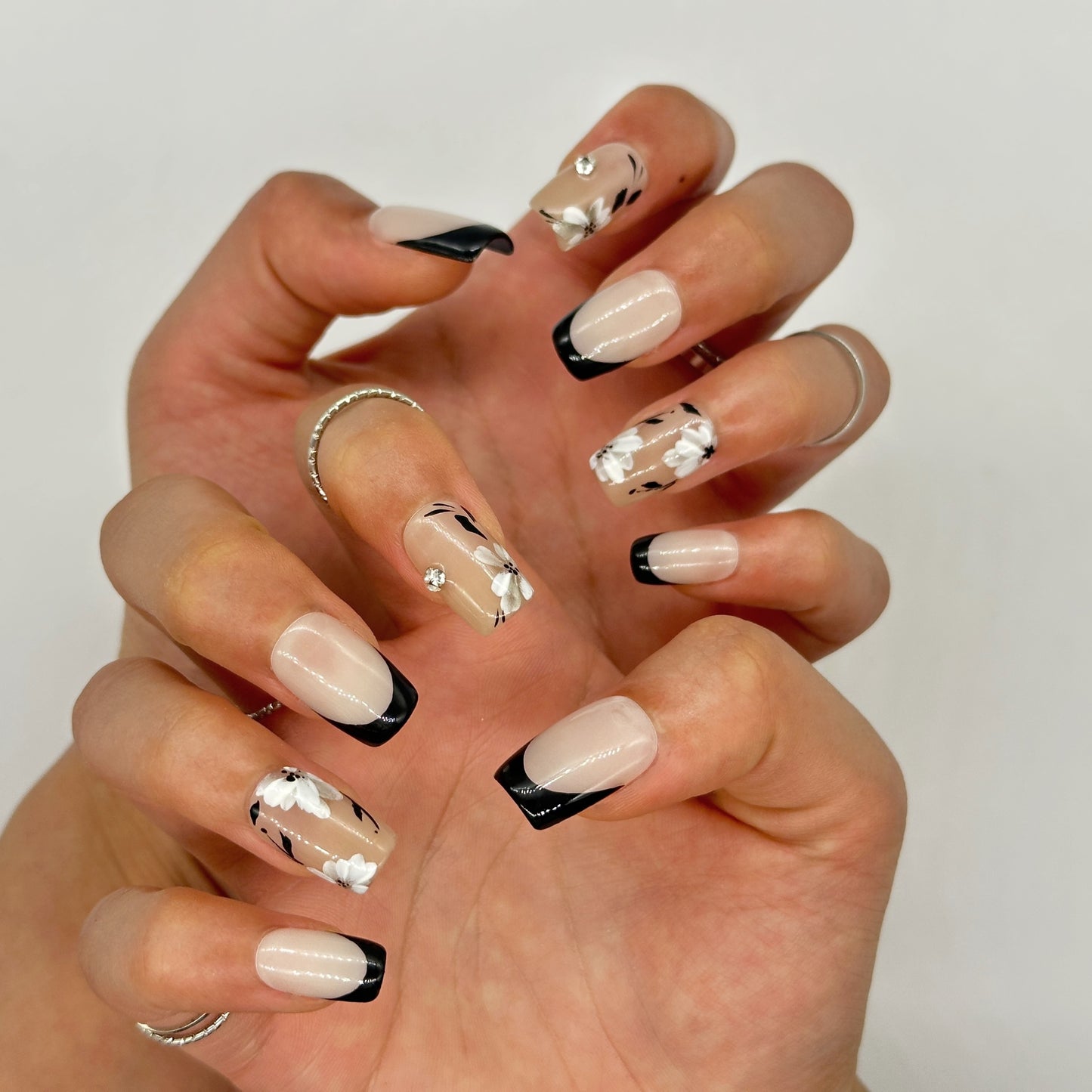 Black French Tip Press On Nails – Nude Coffin with Floral Accents