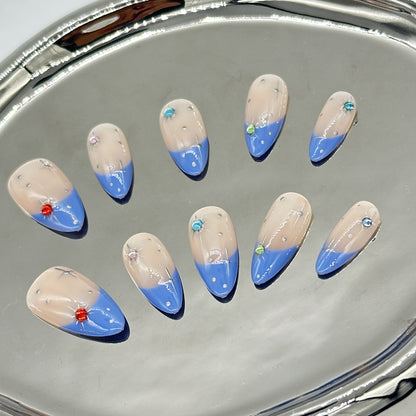 Blue French Stiletto Press On Nails – Nude with Rhinestones