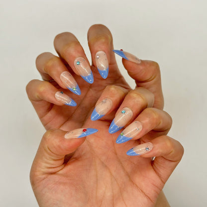 Blue French Stiletto Press On Nails – Nude with Rhinestones