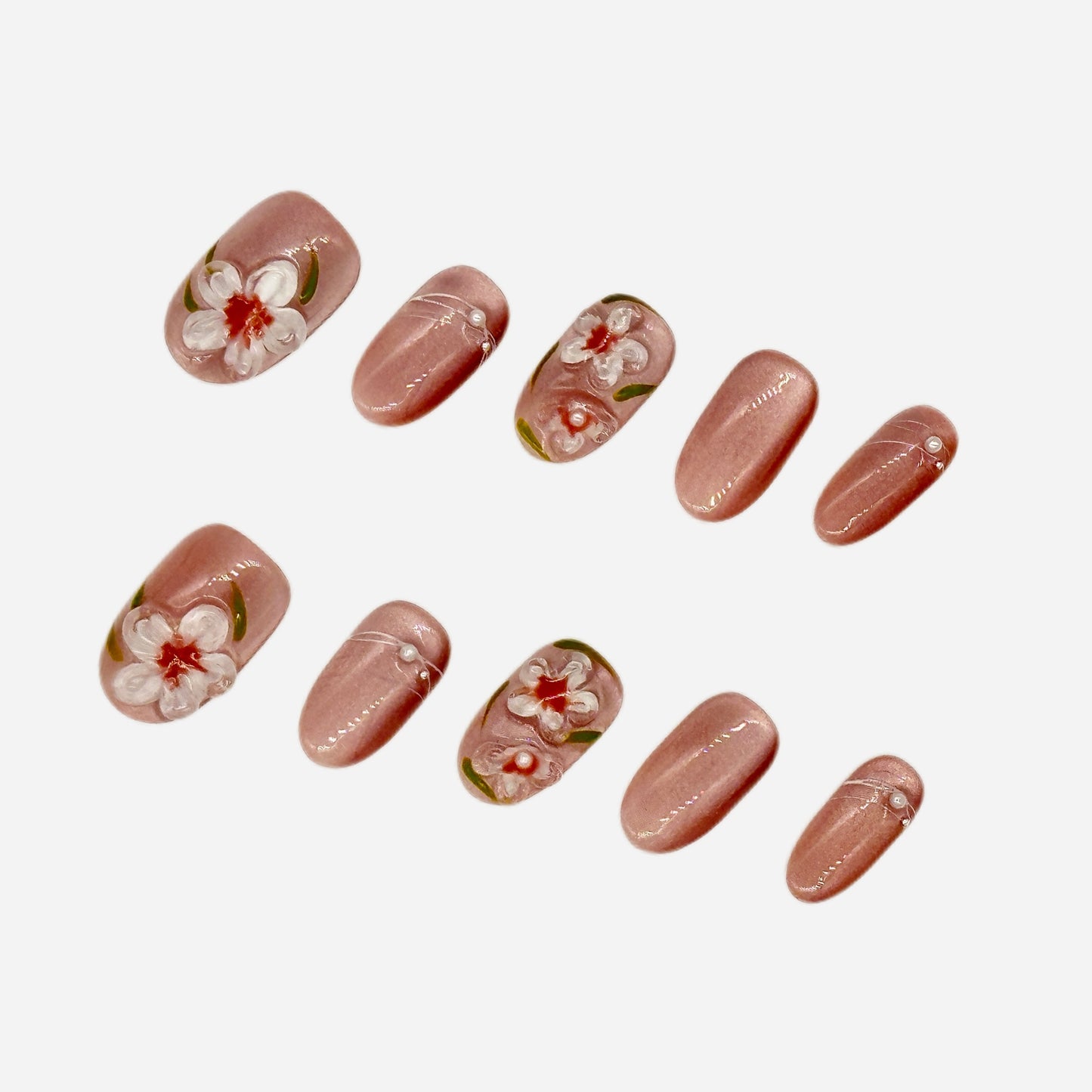 Blush Blossom Press On Nails – Pink & 3D Floral Oval/Round