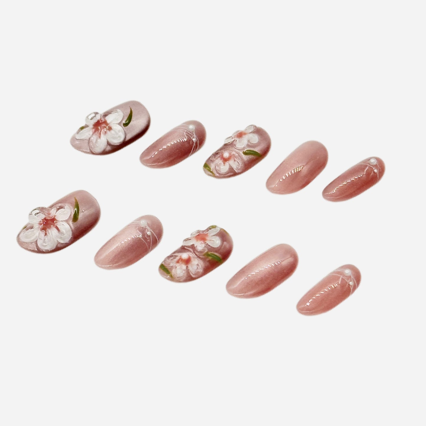 Blush Blossom Press On Nails – Pink & 3D Floral Oval/Round