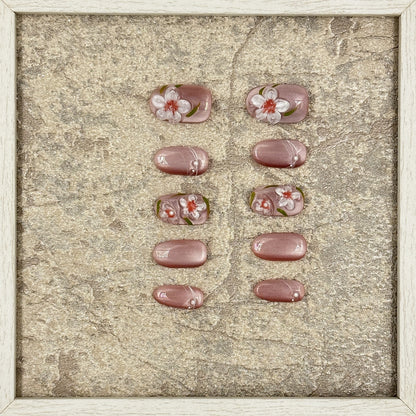 Blush Blossom Press On Nails – Pink & 3D Floral Oval/Round