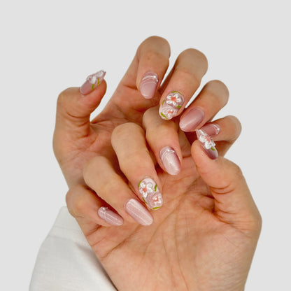 Blush Blossom Press On Nails – Pink & 3D Floral Oval/Round