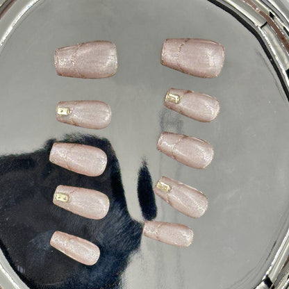 Champagne Glow Press On Nails – Nude Shimmer Coffin