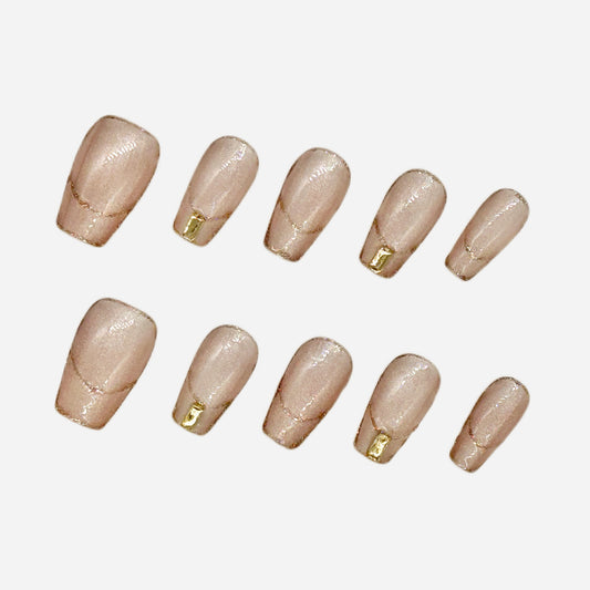 Champagne Glow Press On Nails – Nude Shimmer Coffin