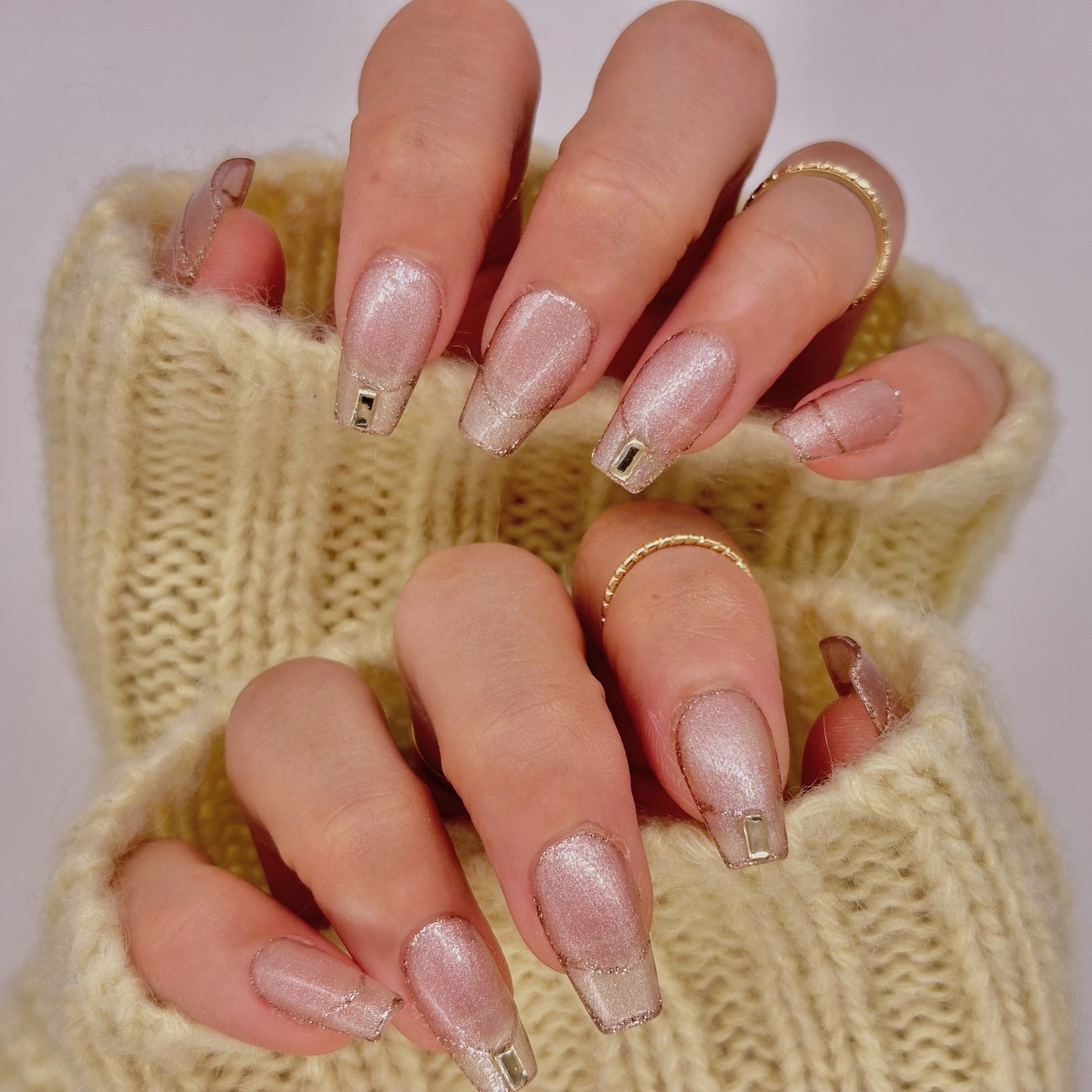 Champagne Glow Press On Nails – Nude Shimmer Coffin