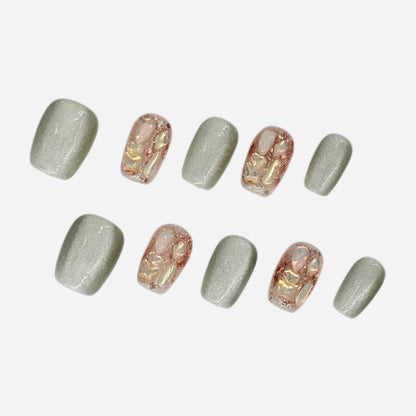 Crystal Glitter Press On Nails – Silver & Pink Short Square