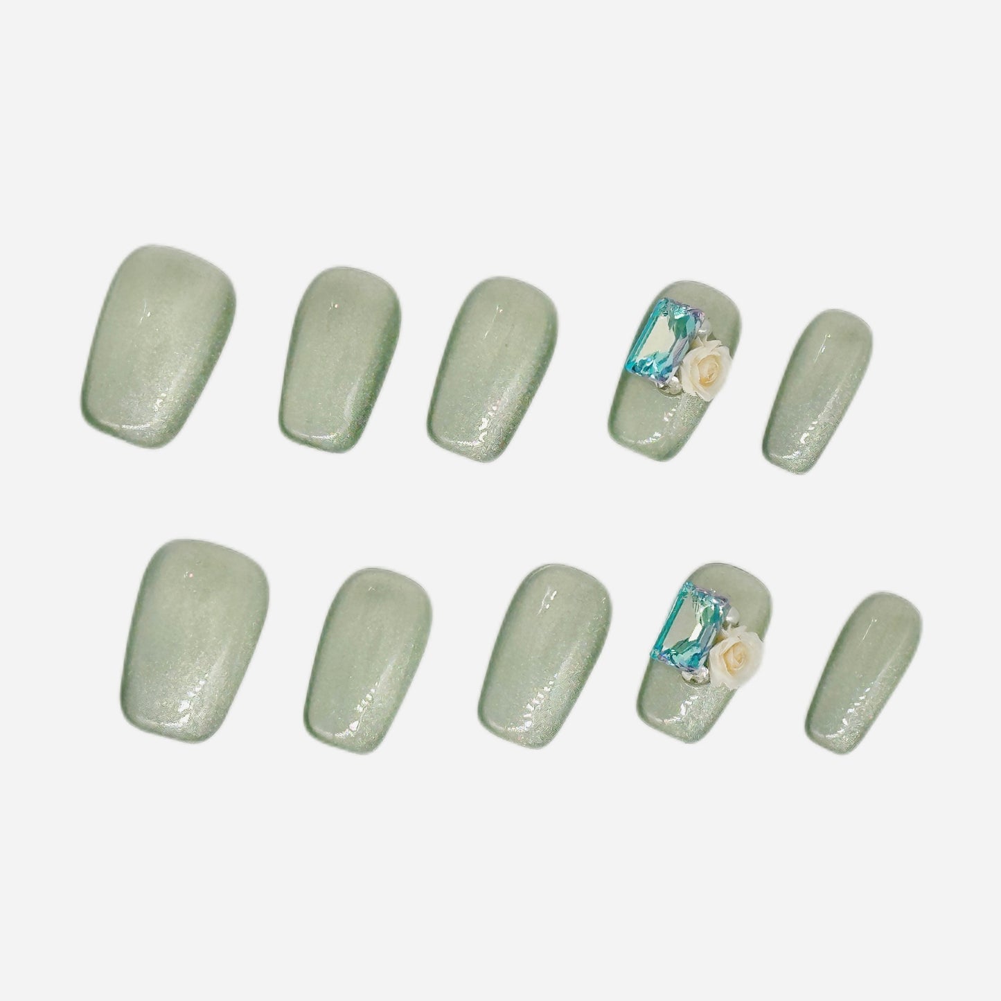 Emerald Gem Press On Nails – Sage Green & Floral Medium Coffin