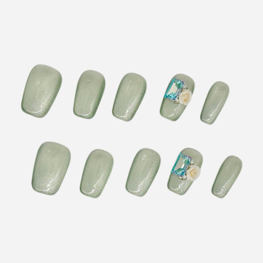 Emerald Gem Press On Nails – Sage Green & Floral Medium Coffin