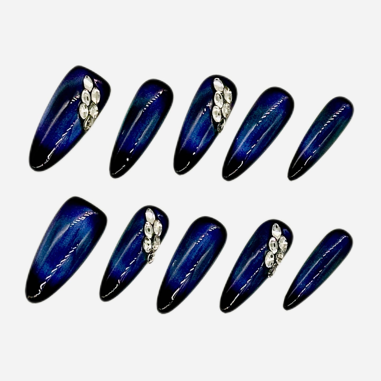 Galaxy Cat Eye Press On Nails – Blue Stiletto with Rhinestones