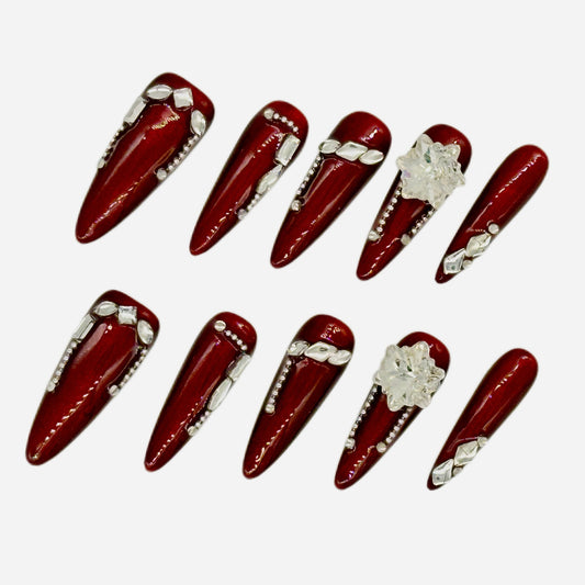 Gothic Ruby Press On Nails – Red & Rhinestone Stiletto