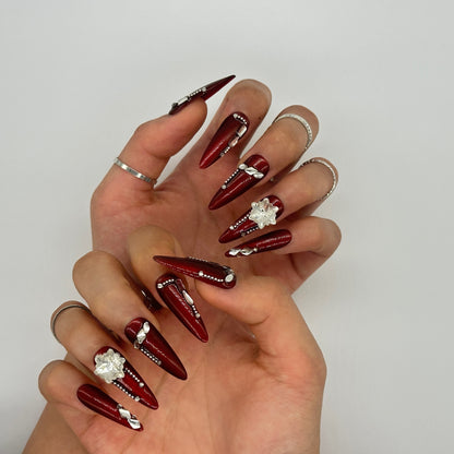 Gothic Ruby Press On Nails – Red & Rhinestone Stiletto