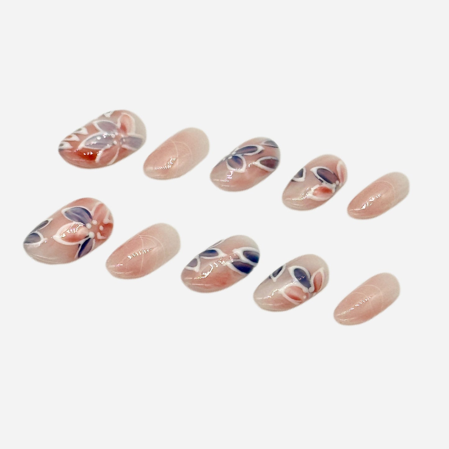 Hand-Painted Floral Press On Nails – Sheer Nude Stiletto