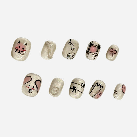 Hand-painted Press On Nails – Silver Short Nails