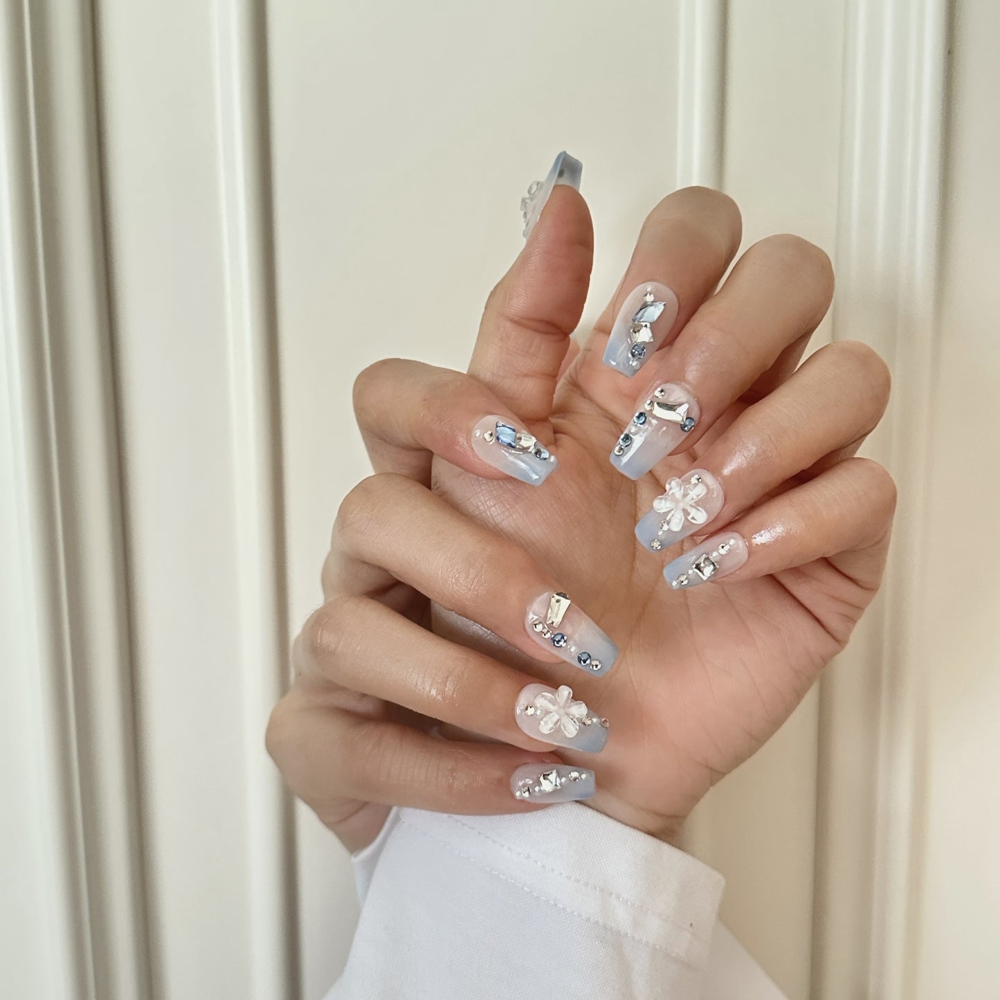 Icy Blue Press On Nails – Rhinestone & Floral Coffin