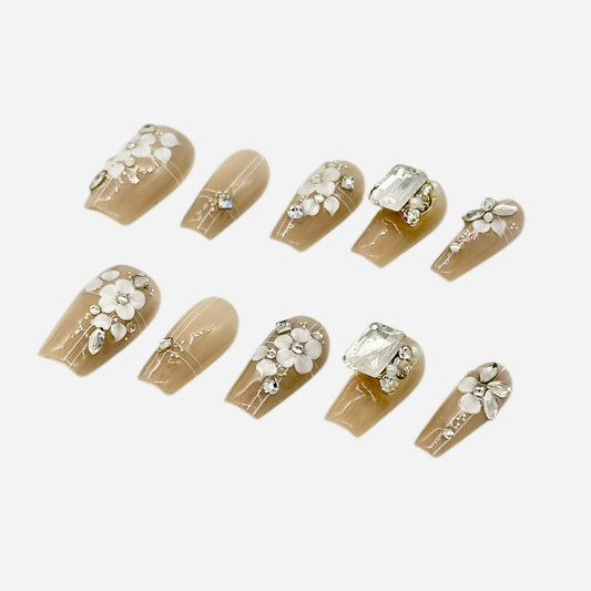 Luxury 3D Floral Press On Nails – Nude Coffin