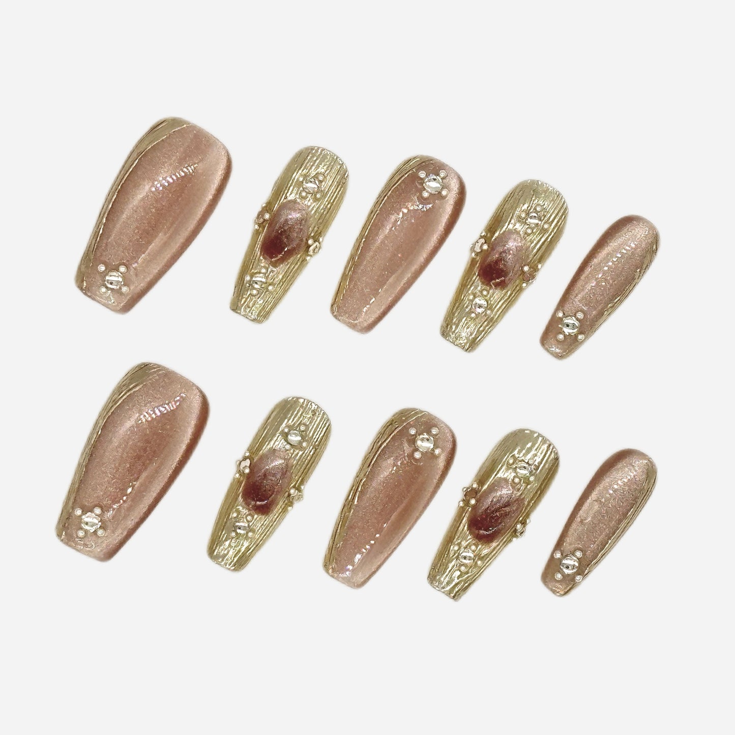 Luxury Gold Foil Press On Nails – Nude & Clear Coffin