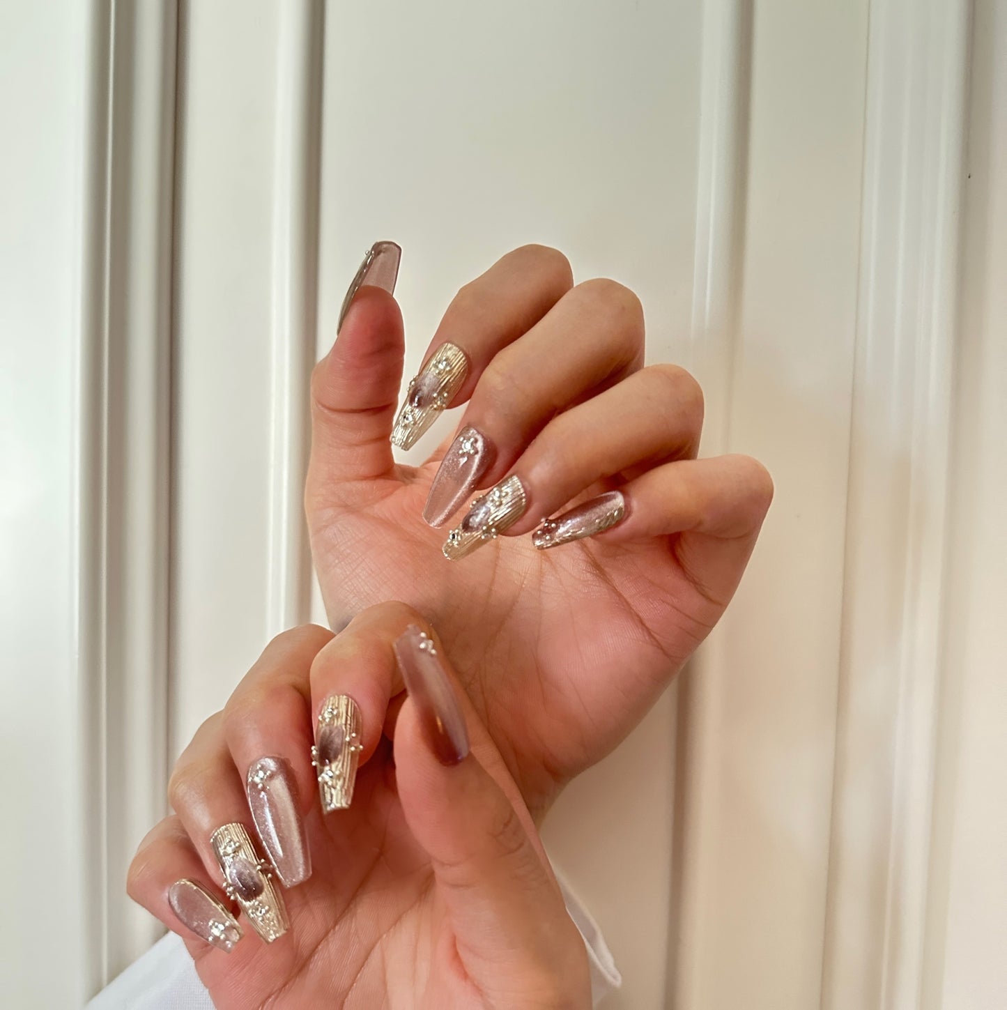 Luxury Gold Foil Press On Nails – Nude & Clear Coffin