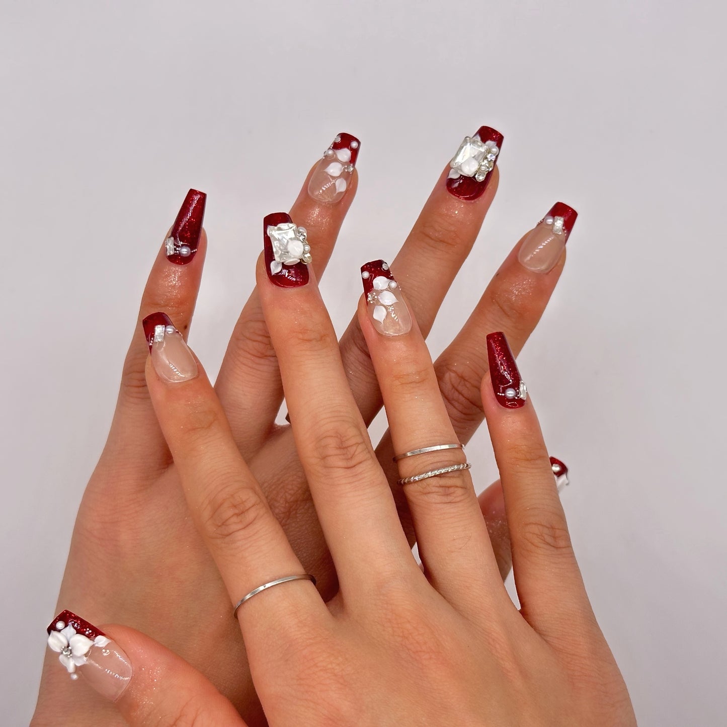 Luxury Red French Tip Press On Nails – 3D Floral & Rhinestone Coffin