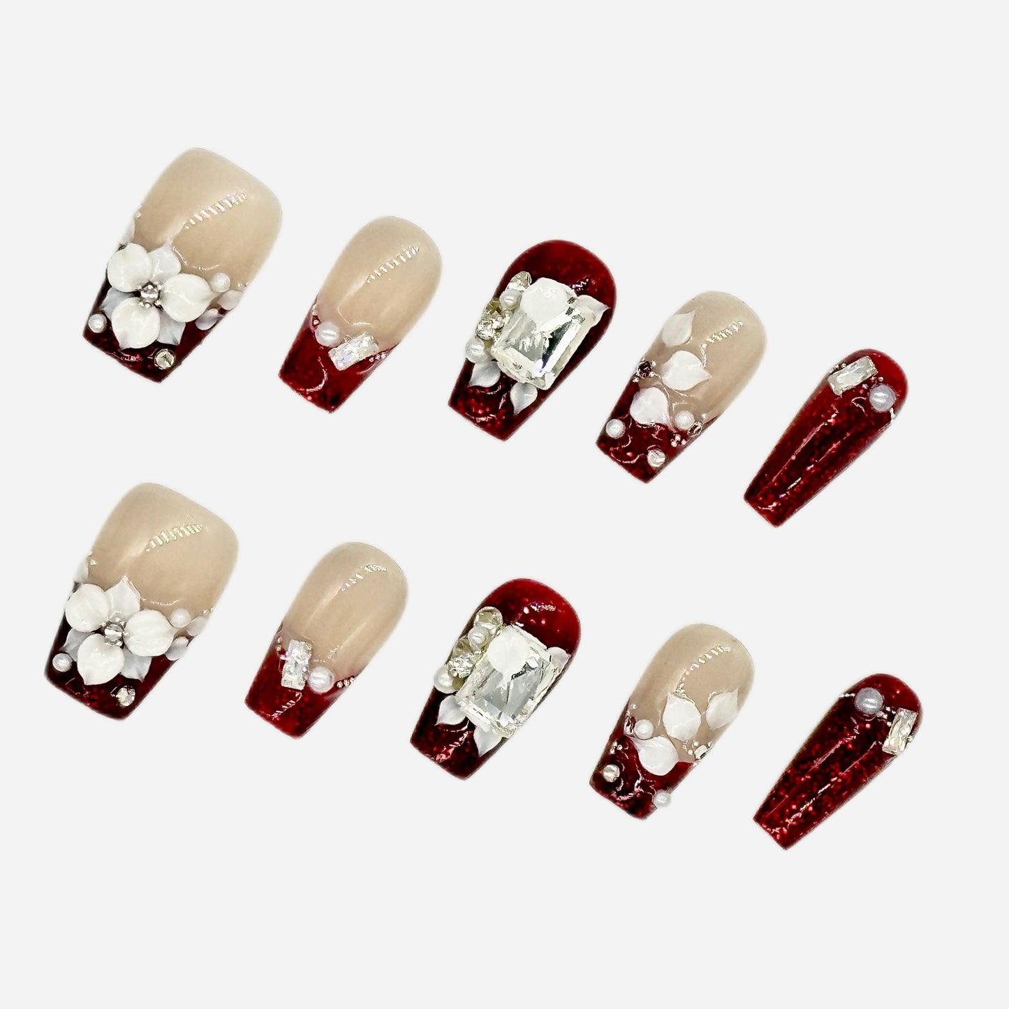 Luxury Red French Tip Press On Nails – 3D Floral & Rhinestone Coffin