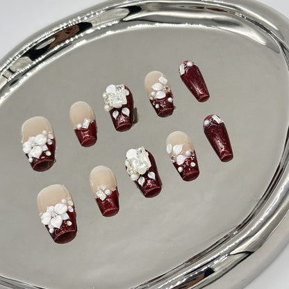 Luxury Red French Tip Press On Nails – 3D Floral & Rhinestone Coffin