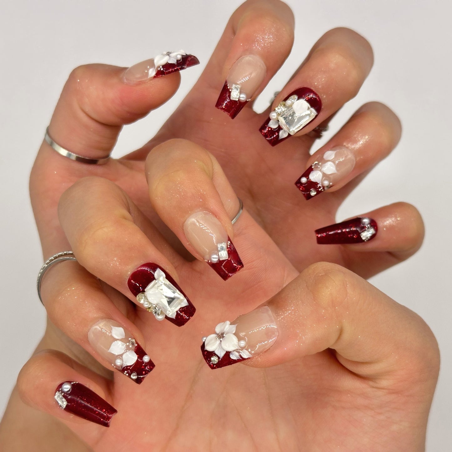 Luxury Red French Tip Press On Nails – 3D Floral & Rhinestone Coffin