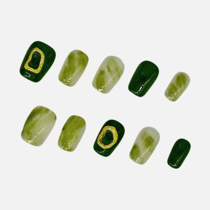 Avocado Press On Nails – Green Marble & 3D Design Square/Squoval