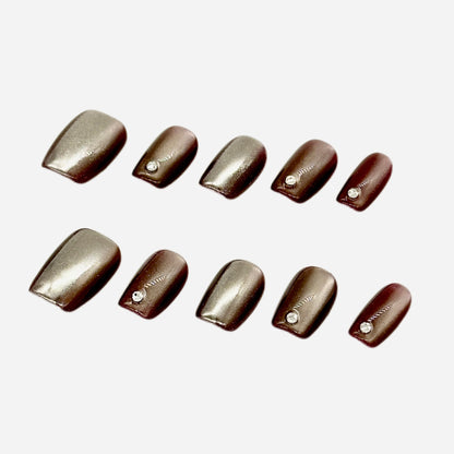 Metallic Glow Press On Nails – Brown & Gold Short