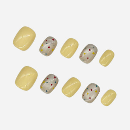 Pastel Polka Press On Nails – Soft Yellow Short