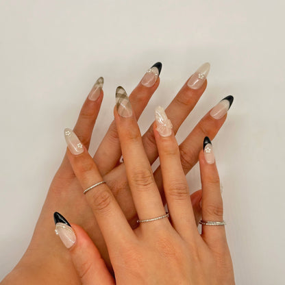 Pearl French Tip Press On Nails – Black & Nude Stiletto