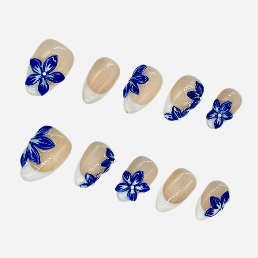 Royal Blue Floral Press On Nails – Almond