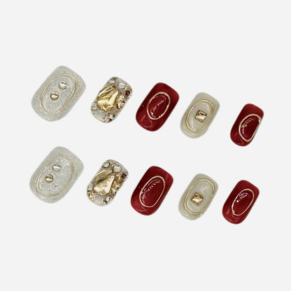 Royal Red & Gold Press On Nails – 3D Luxury Square/Squoval