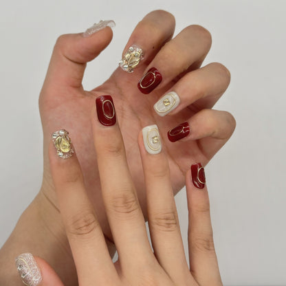 Royal Red & Gold Press On Nails – 3D Luxury Square/Squoval