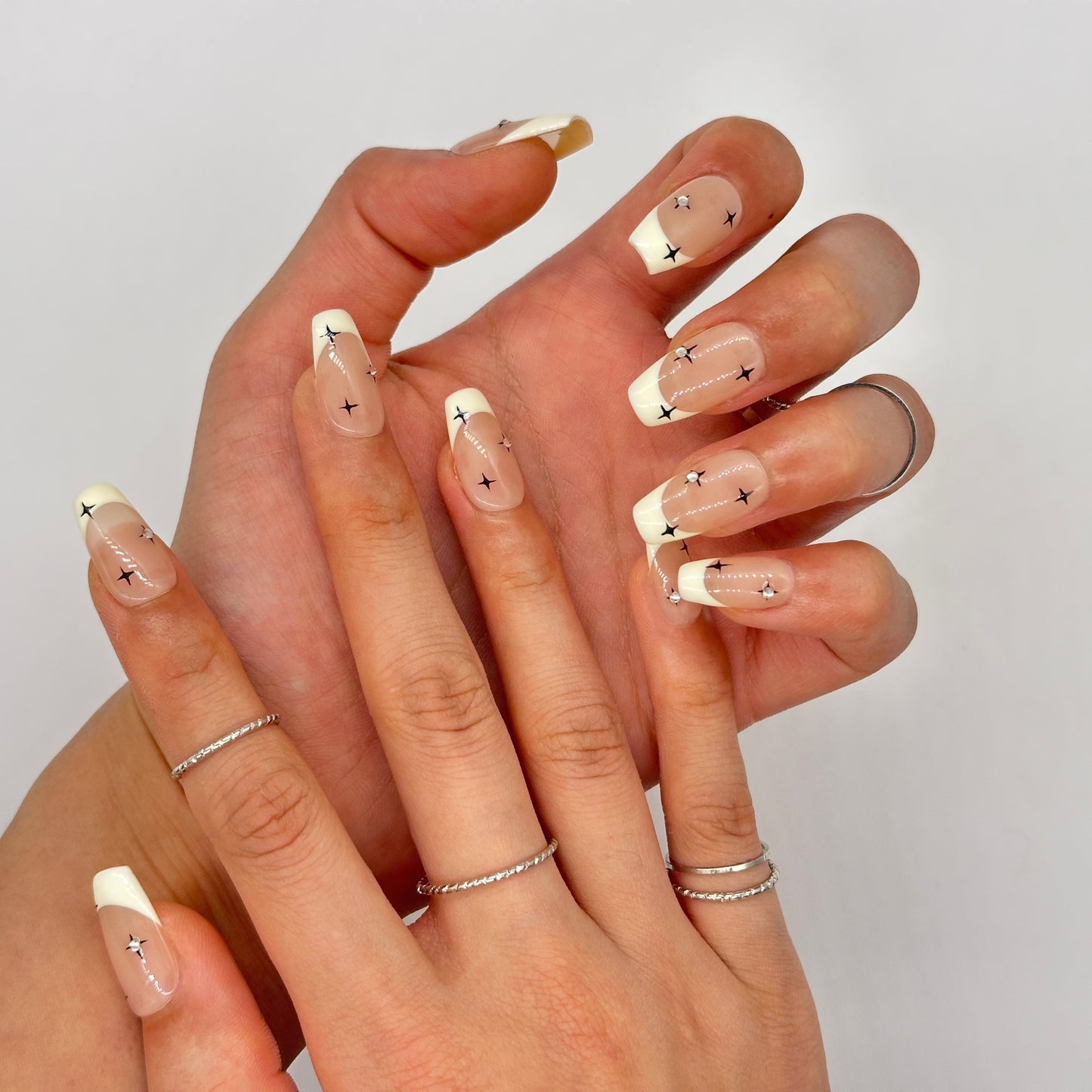 Star French Tip Press On Nails – White Coffin