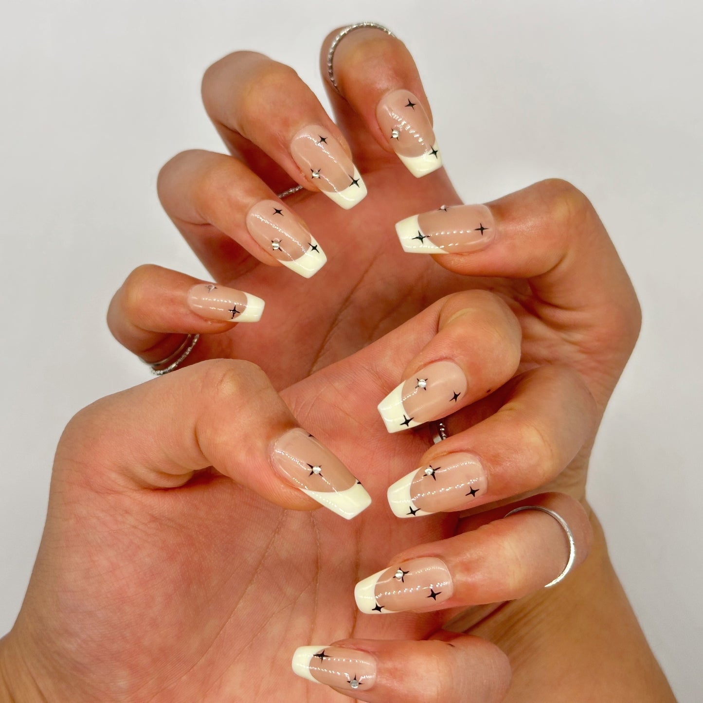 Star French Tip Press On Nails – White Coffin