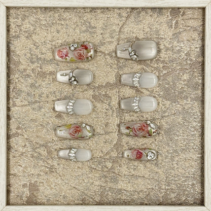 Vintage Rose Press On Nails – Pearl White Coffin