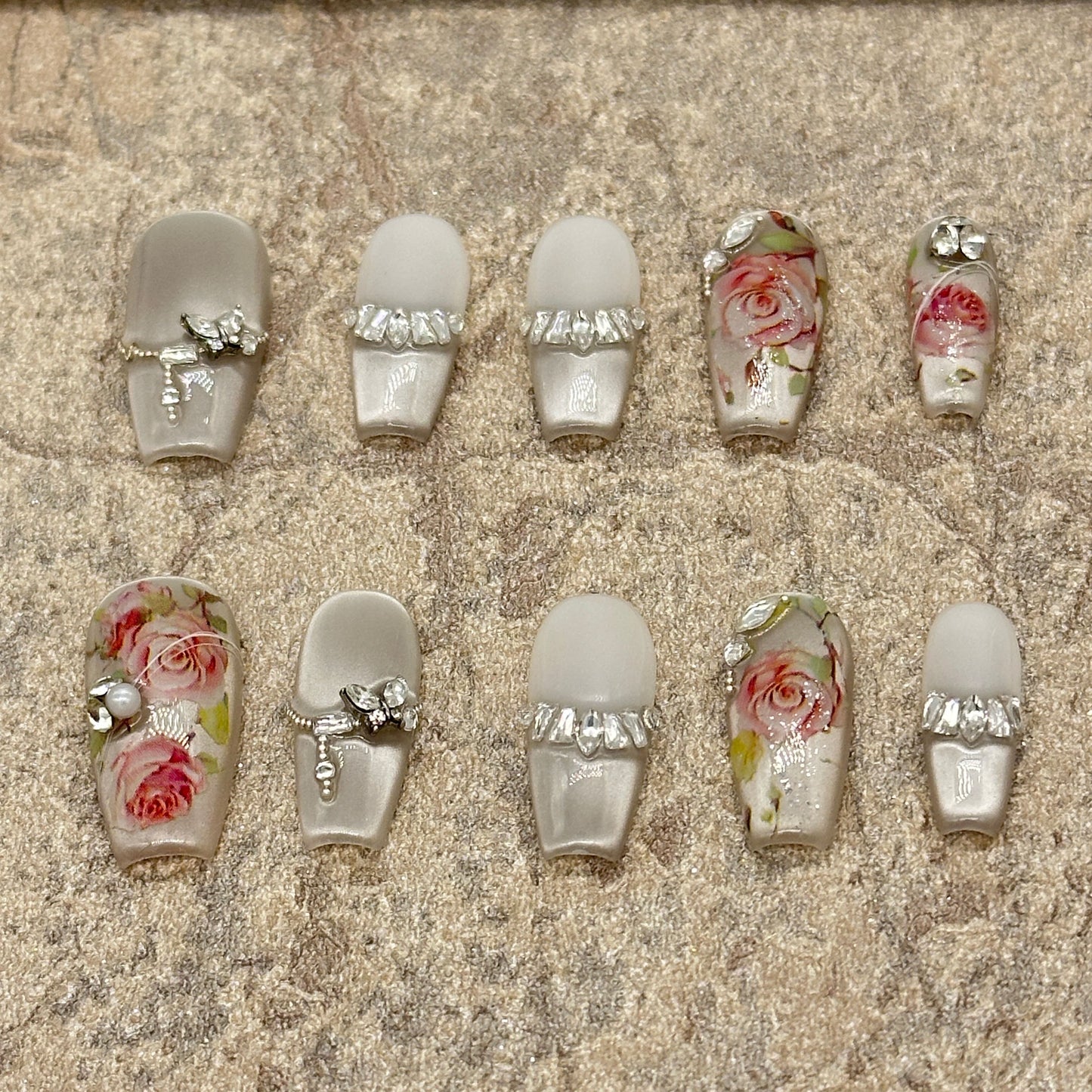 Vintage Rose Press On Nails – Pearl White Coffin